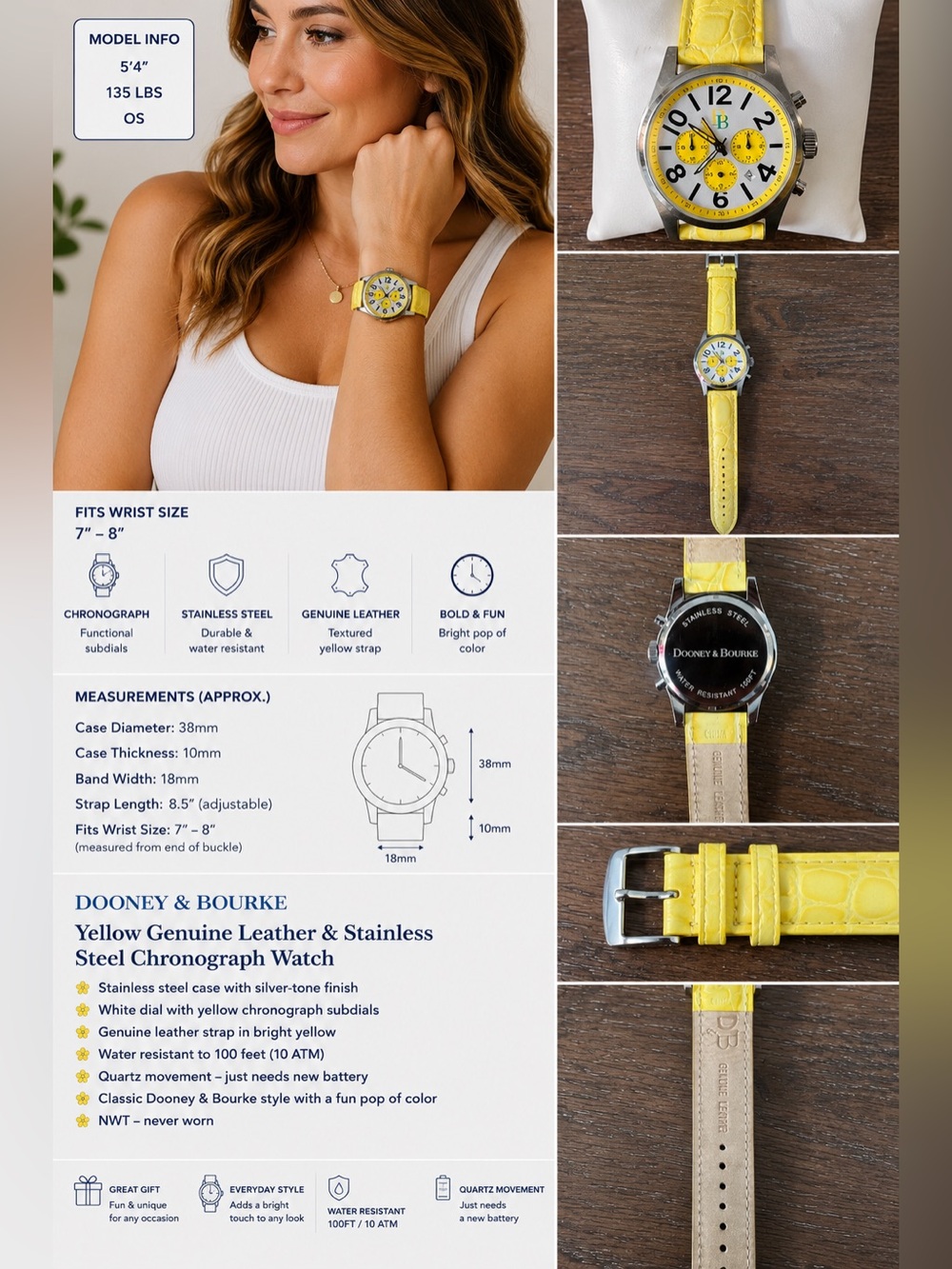 Dooney & Bourke Yellow Leather Chronograph Watch Stainless Steel, Needs Battery